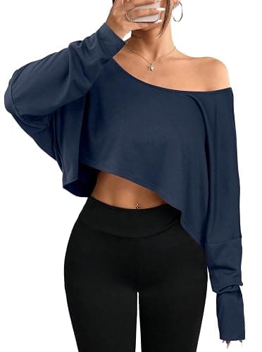 Hilinker Womens Off Shoulder Long Sleeve Crop Tops Sexy Boat Neck Loose Casual T Shirt - Image 1