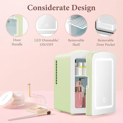 Xbeauty Skincare Mini Fridge With Dimmable LED Mirror, 4L Mini Makeup Refrigerator for SkinCare, Cosmetics, Food & Drinks, Portable Small Refrigerator for Bedroom, Dorm, Car, Office, Green thumbnail 5