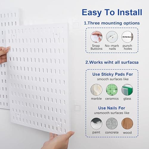 Pegboard Wall Organizer Kit – Heavy Duty 20lbs Load Bearing, Easy Installation, 4 Peg Board Panels 14 Accessories – Multi-Surface Use For Garage, Office, Kitchen & Crafts (White Pegboard,24″×24″) thumbnail 3