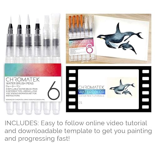 Chromatek AquaPens. Set of 6 Refillable Aqua Watercolor Brushes with Nylon Tips. Easy Water Brush Pens for Painting. Blending & Calligraphy. Includes Online Video Tutorials & Templates thumbnail 3