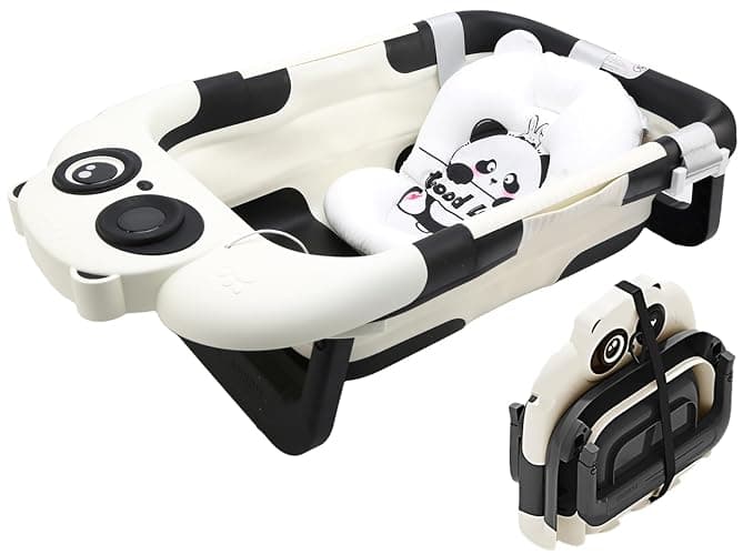 Collapsible Baby Bath Tub with Thermometer & Soft Cushion, Foldable Baby Bathtub Newborn to Toddler 0-36 Months, Portable Travel Bathtub Baby with Drain Plug, Save Space - Image 1