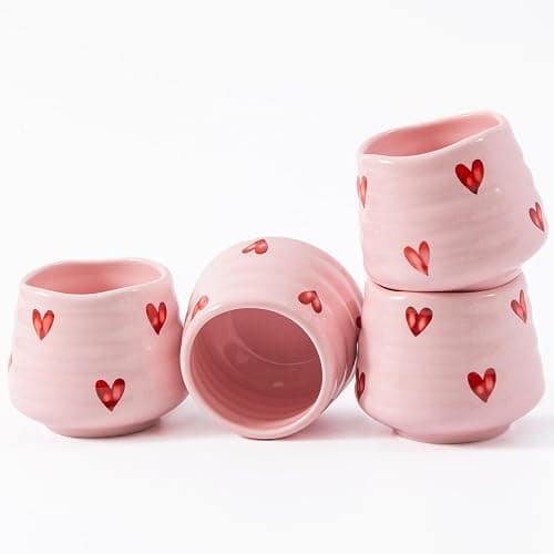 YumiPLUS 4pcs Ceramic Tea Cup Set – 160ml 5.4OZ Porcelain Pink Matcha Cup, Handless Cute Hearts Coffee Mugs for breakfast espresso/afternoon tea (Pink Love) - Image 1