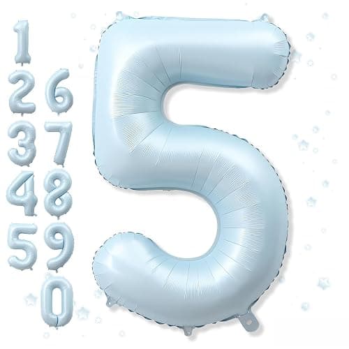 Big Number 5 Balloons, Dusty Light Blue Foil 5 Balloon Numbers 40 Inch, Giant 5th Birthday Party Decor, Matte Baby Blue Mylar Helium Self Inflating Balloon for Boys Birthday Anniversary Decorations - Image 1