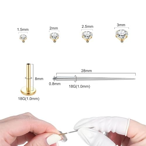 Xpircn 14K Gold Plated Flat Back Stud Earrings 316L Surgical Steel Internally Threaded CZ Stud Piercing Jewelry for Tragus Helix Cartilage Conch Nose Hypoallergenic Lip Labret Medusa Piercing 16G 18G thumbnail 3