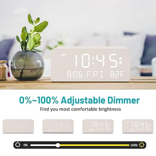 Andoolex Wooden Digital Alarm Clock with Wireless Charging, 0-100% Adjustable Brightness Dimmer and Volume, Weekday/Weekend Mode, Dual Alarm, Snooze, 12/24H, Wood LED Clock for Bedroom (White) thumbnail 5