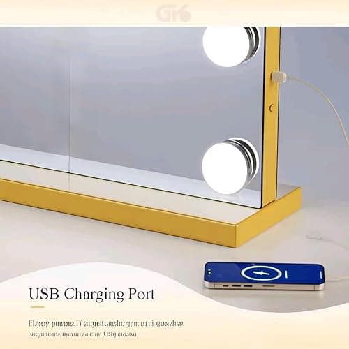Gvnkvn Vanity Mirror with Lights USB+Type-C Charging, 32WX24L Tabletop Hollyhood Makeup Mirror, Hollywood Lighted Mirror with 18 Dimmable LED Bulbs,3 Colors Modes,Touch Control, Gold thumbnail 6