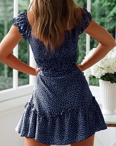 YOBECHO Womens Summer Ruffle Sleeve Sweetheart Neckline Printing Dress Mini Dresses thumbnail 3