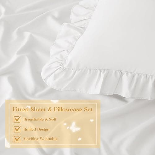 Homiest 2-Pieces Ruffle Pillow Case & Fitted Sheet Set, White Twin Sheets with Ruffled Pillow Shams, 15 Inch Deep Pocket, Cute & Coquette Microfiber Bed Set for Decorating Bedroom Hotel thumbnail 4