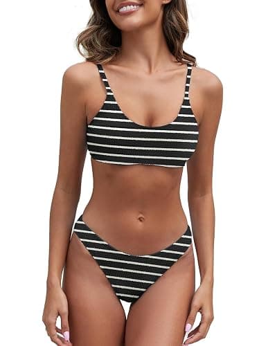 Fanuerg Women's Ribbed Bikini Sets Scoop Neck Cheeky Swimsuit Textured Two Piece Bathing Suit - Image 1