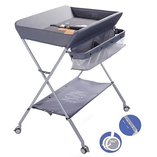 EGREE Baby Changing Table Portable Folding Diaper Changing Station with Wheels, Adjustable Height Mobile Nursery Organizer with Safety Belt and Large Storage Racks for Newborn Baby and Infant, Gray - Grey