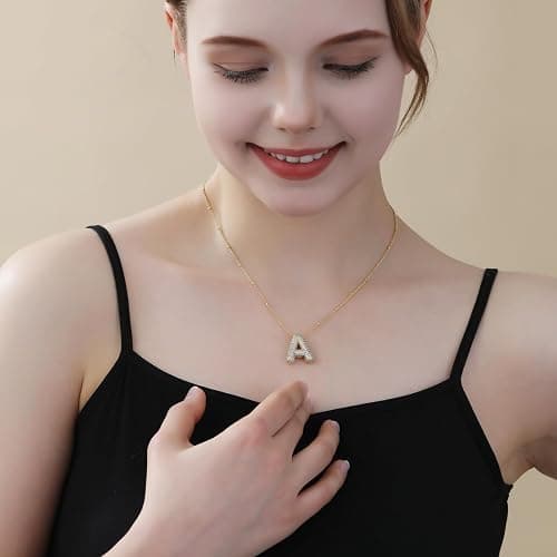 Apsvo Letter Necklace Gold, A-Z Balloon Initial Necklaces Rhinestone Puff Letter Pendant Chunky Alphabet Necklace for Women thumbnail 2
