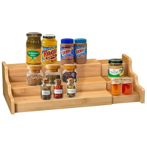 Spice Rack Kitchen Cabinet Organizer- 3 Tier Bamboo Expandable Display Shelf Yellow - Image 1