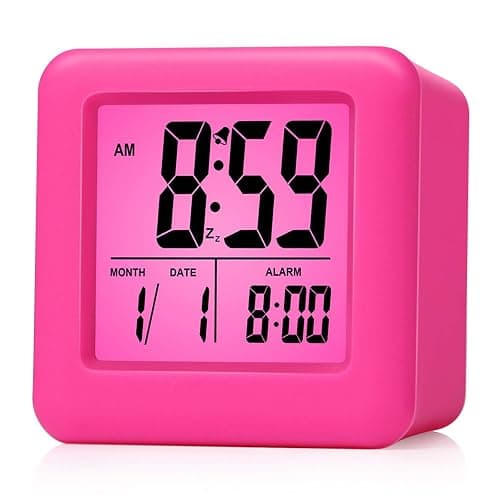 Plumeet Digital Kids Alarm Clock with Snooze and Nightlight - Easy Setting Silicone Clock Display Time, Date - Loud for Bedroom - Battery Powered (Pink) - Image 1