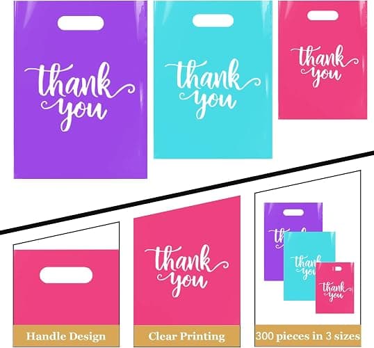 Odseciran 300 Pcs Thank You Bags for Small Business, 3 Size Plastic Mini Retail Merchandise Vendor Shopping Bag with Handle for Boutique Store, Wedding Party Goodie Bulk (Mixed color) thumbnail 5