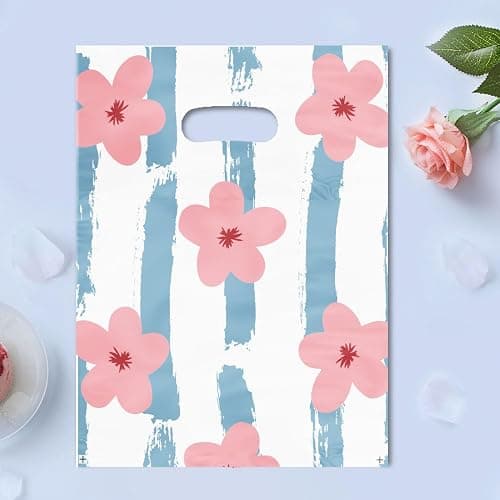 Joyhey 100 Count 5.8" x 7.8" Plastic Merchandise Bags, Shopping Retail Boutique Bags with Die Cut Handles - Striped Flowers thumbnail 2