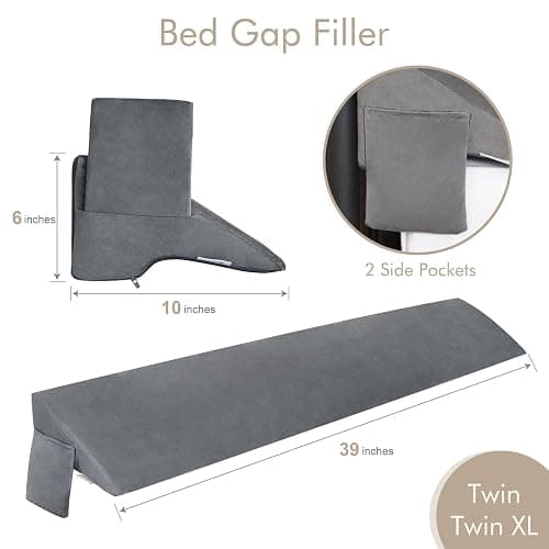 Vekkia Twin Bed Wedge Pillow for Headboard Gap Filler(0-5"),High-Density Foam,Prevents Pillows & Items from Falling,Ergonomic Design,Large Storage Pockets, Removable&Washable Cover,Gray,39''x10''x6'' thumbnail 2