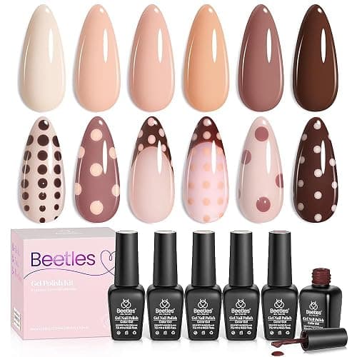 beetles Fall Gel Polish Set - Skin Tones Collection Nude Brown 6 Colors Gel, Polka Dot Nails Design Neutral Polish Soak off Uv Led Lamp Needed Manicure Diy Home - Image 1
