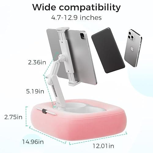 TabHolderix Tablet Pillow Stand, Adjustable Kindle Holder with 2 Snack Bowls, 360° Adjustable iPad Stand for Bed with 4.7''-13'' iPad, Kindle, Phone, Gift for Reading Accessories on Bed, Sofa, Pink thumbnail 7