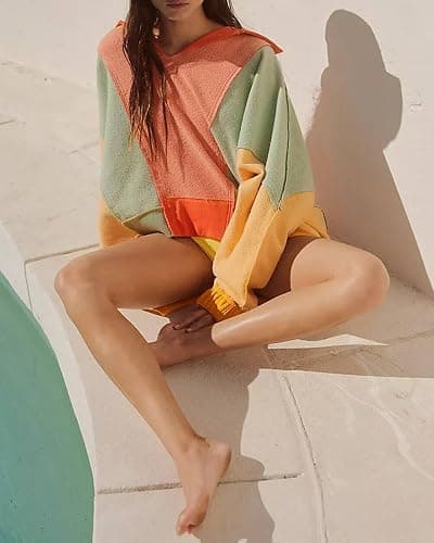 Yuemengxuan Women Fleece Sweatshirts Long Sleeve Colorblock Cropped Oversized Sweatshirt Y2k V-Neck Pullover Tops - Orange - Medium thumbnail 2