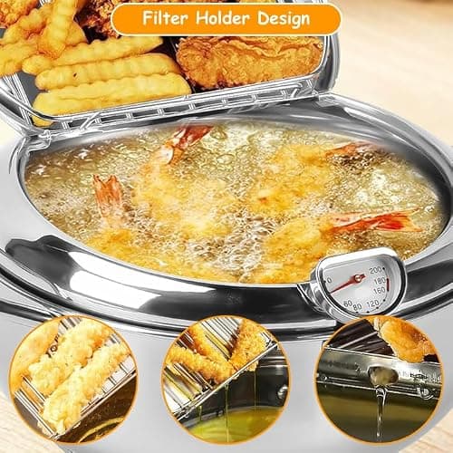 Friteuse Tempura, Poêle Tempura de Style Japonais Friteuse Japonaise Tempura avec Thermomètre Poêle à Frire en Acier Inoxydable pour Frire du Tempura, du Poulet Français, du Poisson Séché (24 cm) thumbnail 4
