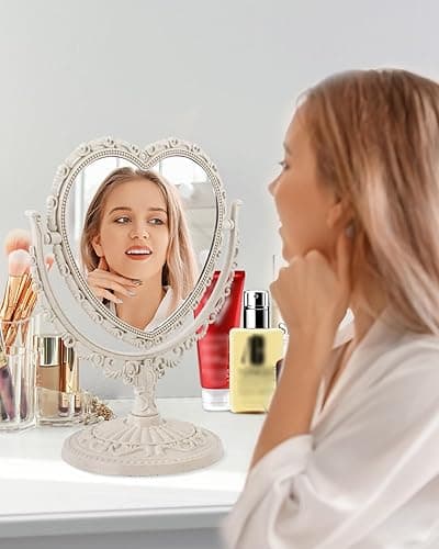 XPXKJ 7 Inch Vintage Heart Mirror - Elegant Desk Makeup Mirror with Double Sided 360 Degree Rotation Vanity Mirror for Coquette Room Decor - Beige thumbnail 7