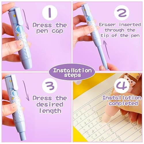 Retractable Pencil Erasers, Pen-Style Erasers, Cute Erasers for Pencils with Refills, Fun Click Erasers, Back to School Stationery Supplies (Purple) thumbnail 8