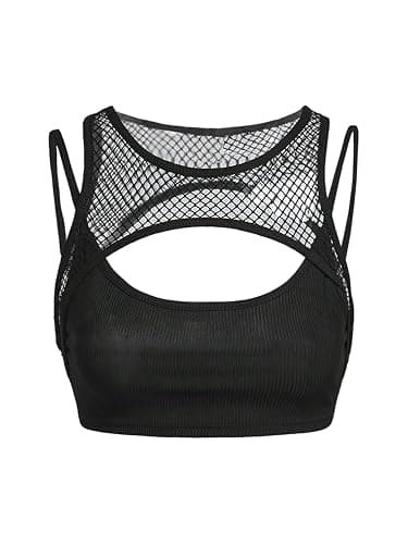 WDIRARA Women's Cut Out Tank Tops Sheer Mesh Fishnet Sleeveless 2 in 1 Crop Top Clubwear - Image 1