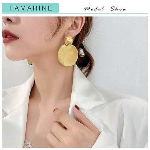 FAMARINE Big Disc Drop Earrings Gold Dangle Earrings Round Hammered Earrings Women thumbnail 3