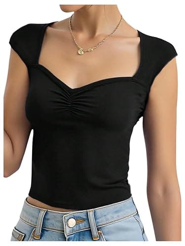RoseSeek Girl's Ruched Cap Sleeve Tops Sweetheart Neck Slim Fit Cropped T Shirts Cute Summer Clothes - Image 1