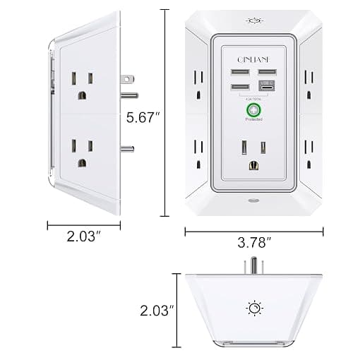 3-Sided Outlet Extender with Night Light - QINLIANF Multi Plug Outlet with 5 Outlets and 4 USB Ports(1 USB-C), USB Wall Charger for Home, Office, Travel, ETL Listed, White thumbnail 7