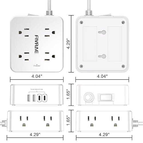 FIVRAE 10Ft Extension Cord with Multiple Outlets, 8 Outlets and 4 USB Ports | 10 Feet Flat Plug Long Cord Surge Protector Power Strip for Home Office, College Dorm Room Essentials, ETL Listed, White thumbnail 7
