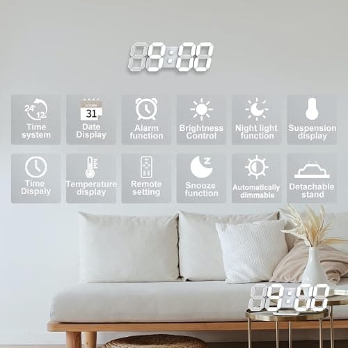 Deeyaple LED Wanduhr Digital Wecker 3D Uhr Dimmbar Snooze Modern USB 12/24Stunden Datum Temperaturanzeige Loop Display Fernbedienung Nachtlicht Wohnzimmer Küche Schlafzimmer Büro 25cm weiß thumbnail 4