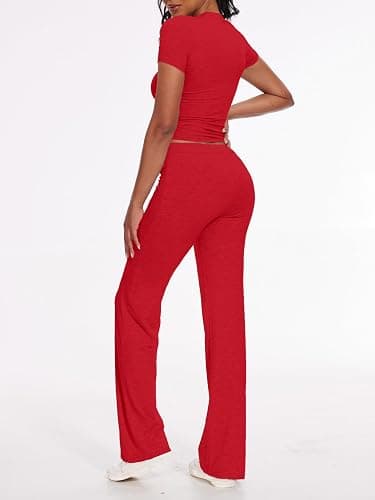 AnotherChill Women's 2 Piece Lounge Sets Straight Leg Pants Set Short Sleeve Crop T-shirt Casual Outfits Comfy Loungewear thumbnail 2