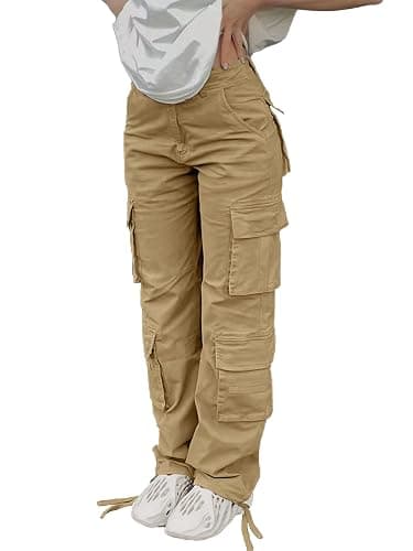 SDNGED Cargo Pants for Women High Waisted Casual Pants Baggy Y2k Straight Wide Leg Pants with Pockets Streetwear - Medium - Khaki - Image 1