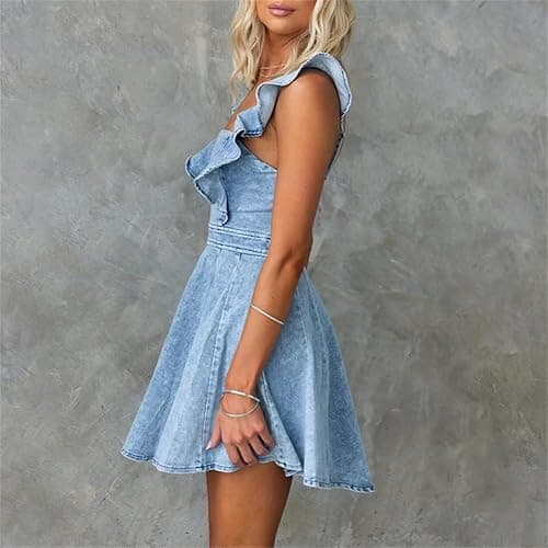 Generic Womens Solid A Line Cowboy Dress Square Collar Denim Mini Dress Butterfly Sleeve Backless Zip Dress thumbnail 2