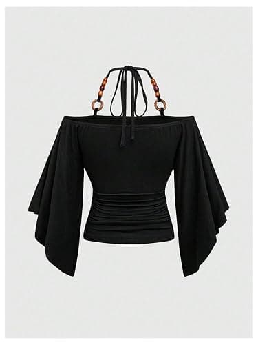 Verdusa Women's Beaded Cinched Waist Top Off The Shoulder Flare Sleeve Ruched Fitted Going Out Halter Tops thumbnail 3