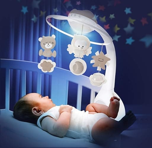 Infantino Mobile Musical 3-en-1, Mobile Transformable en Projecteur et en Veilleuse avec Mode Réveil, 6 Mélodies Intégrées et 4 Sons Nature, Gris thumbnail 3