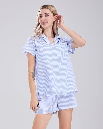 codcm Womens Striped Pajama Set Cute Heart Pjs Sleepwear Short Sleeve Shirt and Shorts Set thumbnail 4