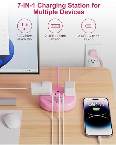 Pink Extension Cord with USB C - 5 FT Kawaii Power Strip, 1625W Cute Extension Cord with 3 AC Outlet 4 USB (24W/4.8A), Compact for Cute Pink Kawaii Desk Home Essentials thumbnail 2