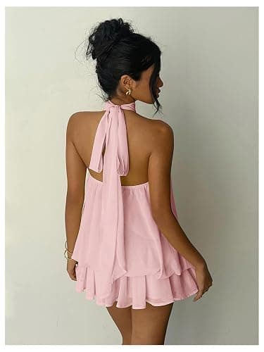 Verdusa Women's Chiffon Halter Drop Waist Wedding Guest Dresses Ruffle Summer Loose Fit Mini Dress Brunch Outfits thumbnail 2