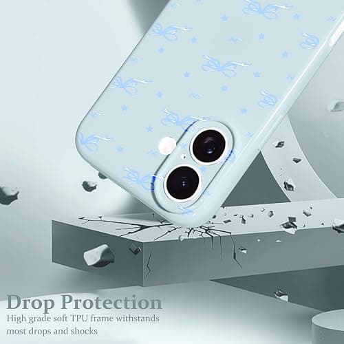 lioscre Cute Bow Phone Case for iPhone 17 6.3", Aesthetic Blue Star Ribbon Bowknot Pattern Print Design Women Girly Case Gloss Raised Camera Protective Cover Soft Slim Silicone Shockproof TPU Funda thumbnail 4