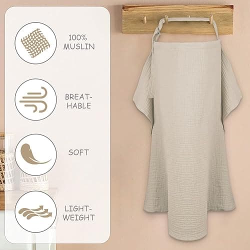 Aolso Breastfeeding Cover Nursing Cover, Muslin Cotton Soft Breathable Nursing Cover, Adjustable Strap Breast Feeding Coverall for Car Seat Blanket and Stroller Coverall (Khaki) thumbnail 5