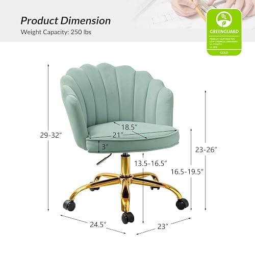 HULALA HOME Velvet Home Office Chair with Gold Base, Womans Modern Cute Shell Back Upholstered Desk Chair for Vanity, Adjustable Swivel Task Chair for Living Room, Sage thumbnail 2