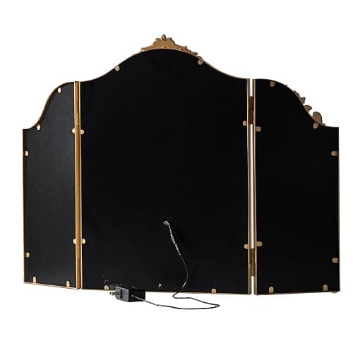 HSDDHOME Antique Gold Triple Fold Makeup Mirror with Tri-Color LED Lighting & Dimming, Baroque Carved Arch Vintage Vanity Mirror, Bohemian Decor for Bedroom/Dressing Room, 31x23 Inch thumbnail 7