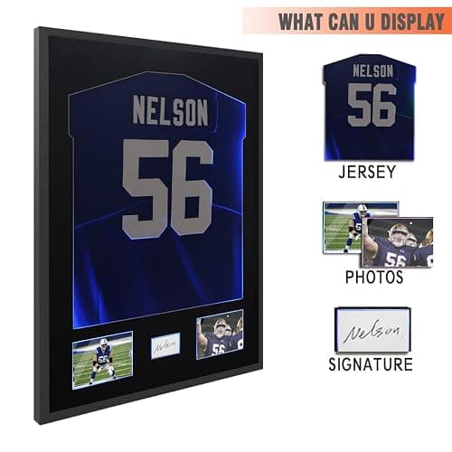 Snail 32"x24" Jersey Frame Display Case Wooden Wall Mounted Shadow Box for Baseball Basketball Football Soccer Hockey Sport Shirt, Plus Displaying Two Idol's Photos and One Signature, Black Finish - Matt Black(with Lights) thumbnail 6