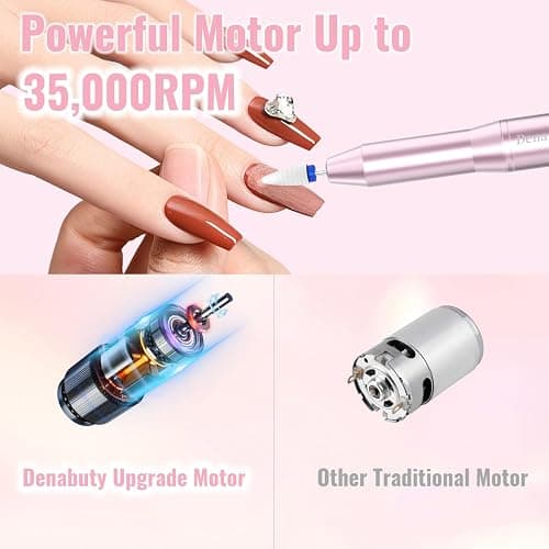 Denabuty Electric Nail Drill Cordless 35000RPM Portable Electric Nail File | Nail Drill with LCD Display and 12 Nail Drill Bits for Acrylic & Gel Nails, Professional Manicure & Pedicure Kit Set Pink thumbnail 4