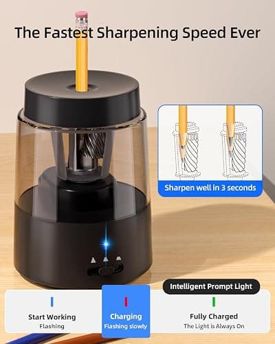 ZMOL Electric Rechargeable Pencil Sharpener, Automatic Pencil Sharpeners Kids, Battery Powered Pencil Sharpeners for Colored Pencils, Auto Stop, Suitable for No.2(6-8mm), Classroom/Home Black thumbnail 6