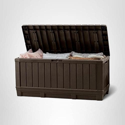 Keter Kentwood 92 Gallon Resin Deck Box-Organization and Storage for Patio Furniture Outdoor Cushions, Throw Pillows, Garden Tools and Pool Floats, Brown thumbnail 11