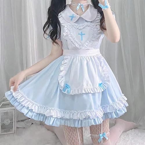 Ulalaza Gothic süße Mädchen Prinzessin Puppenkragen Spitze Schürze Retro Rüschentaschen mit Kopfschmuck Französisch Maid Kostüm thumbnail 3