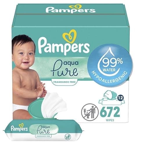 Pampers Baby Wipes Aqua Pure, 99% water-based wipes, Hypoallergenic and Unscented Baby Wipes, 672 Wipes Total (12 Flip-Top Packs) - 56 Count (Pack of 12) - Image 1